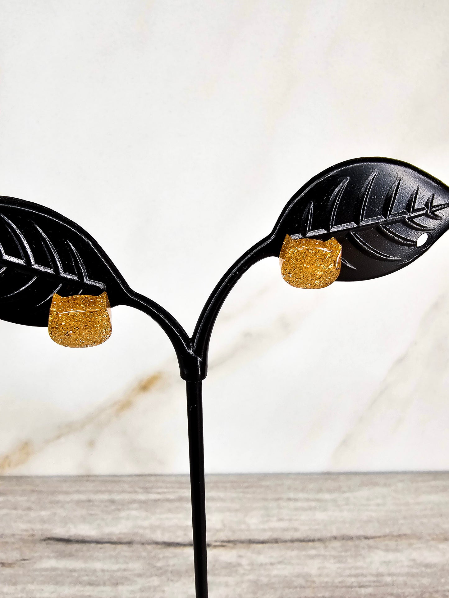 Golden Glitter Cat Stud Earrings